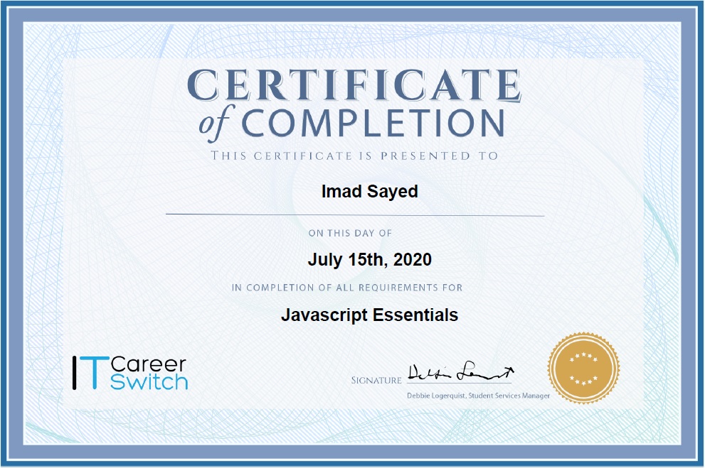 JavaScript certificate, 2020, from IT Career Switch
